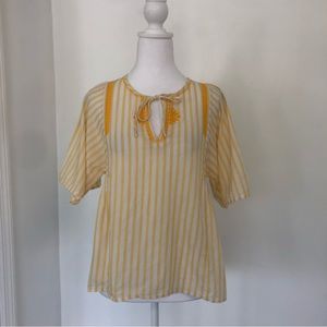 BANANA REPUBLIC Women White/Yellow Striped Tie Neck Blouse XS Embroidery Details